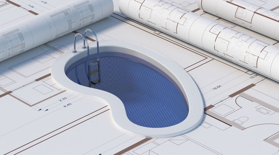 Geplantes Gartenbecken auf Bauplaenen als Symbolbild fuer die Vorbereitung und Standortwahl beim Kauf eines Pool Komplettset