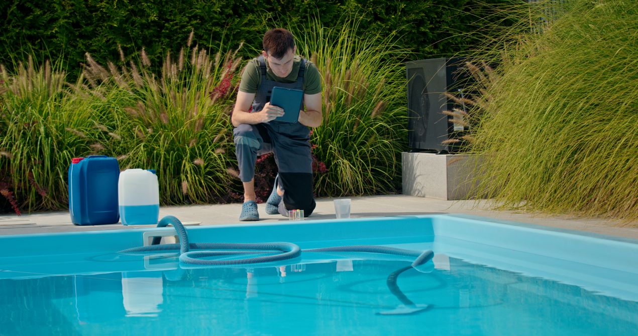 Mann prueft mit Teststreifen die Wasserqualitaet an einem Aufstellbecken – wichtige Kontrolle bei Nutzung eines Pool Komplettset